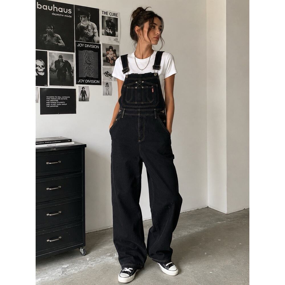 VTG Jordache Black Denim Overalls Contrast Stitch Wide Leg Y2K Grunge Tomboy S